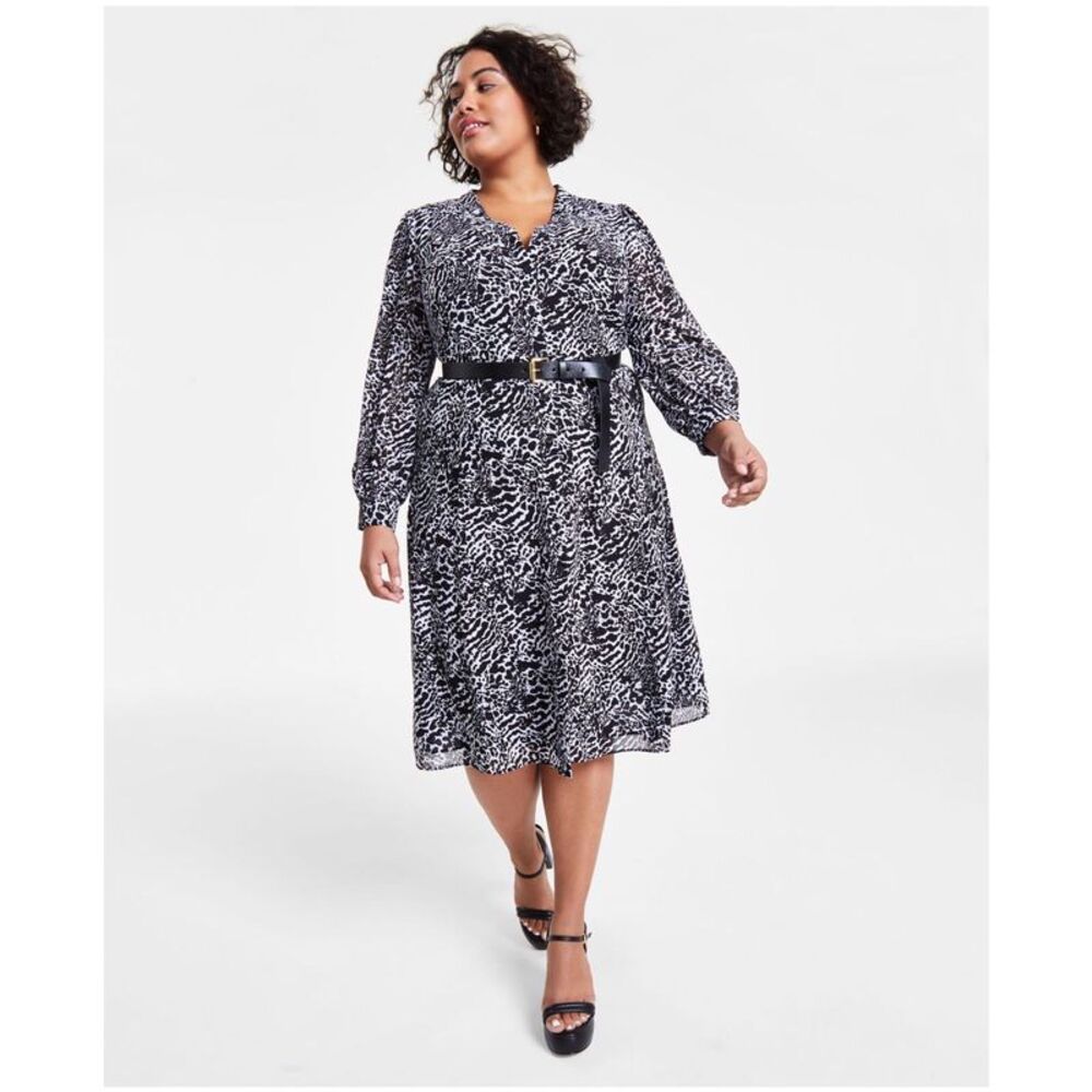 Michael Kors Womens Belted Midi Dress, Black, Plus Size, 3X, MP